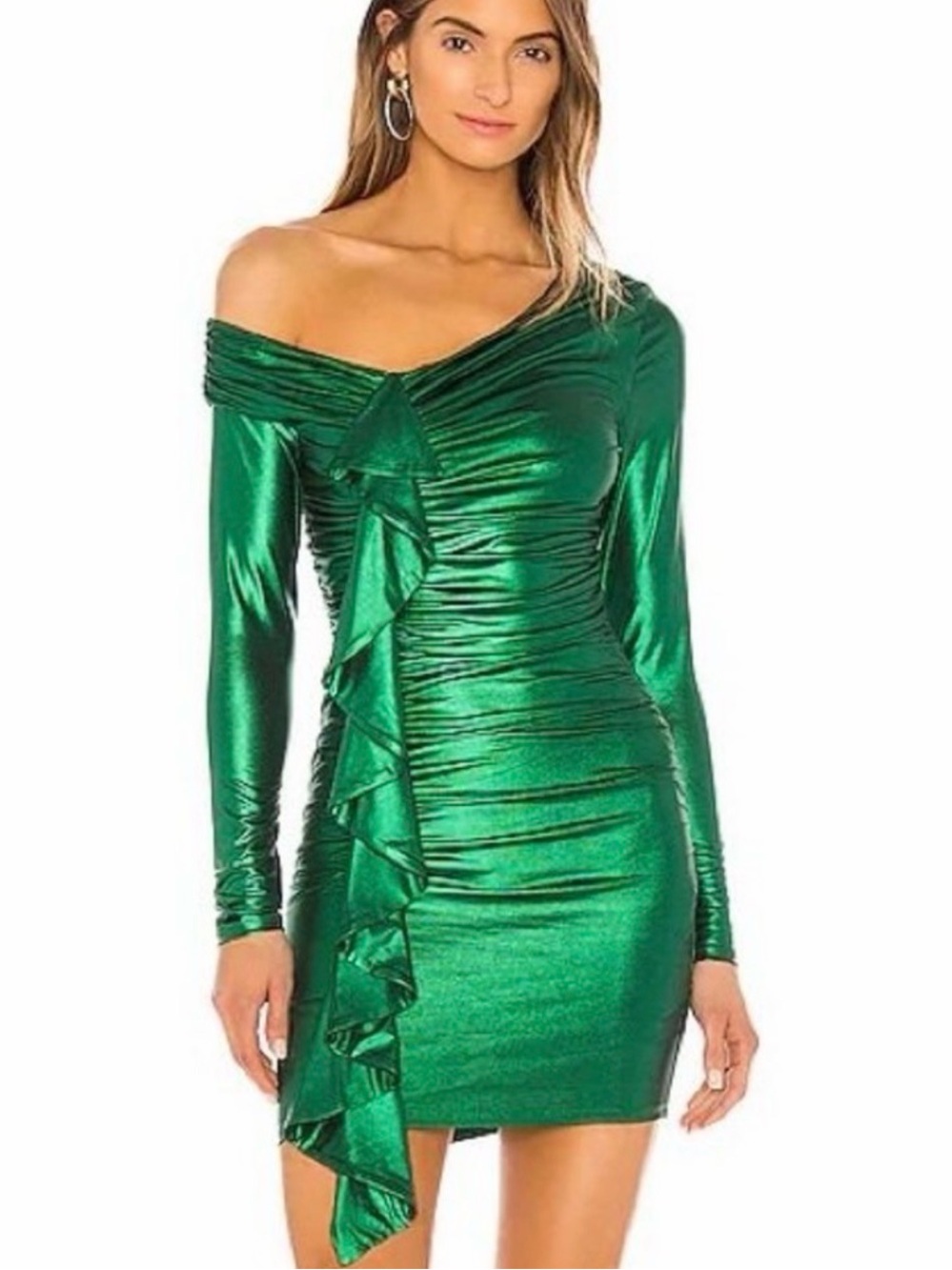 Napoli Mini Dress In Envy Green metallic green off shoulder stretch contour